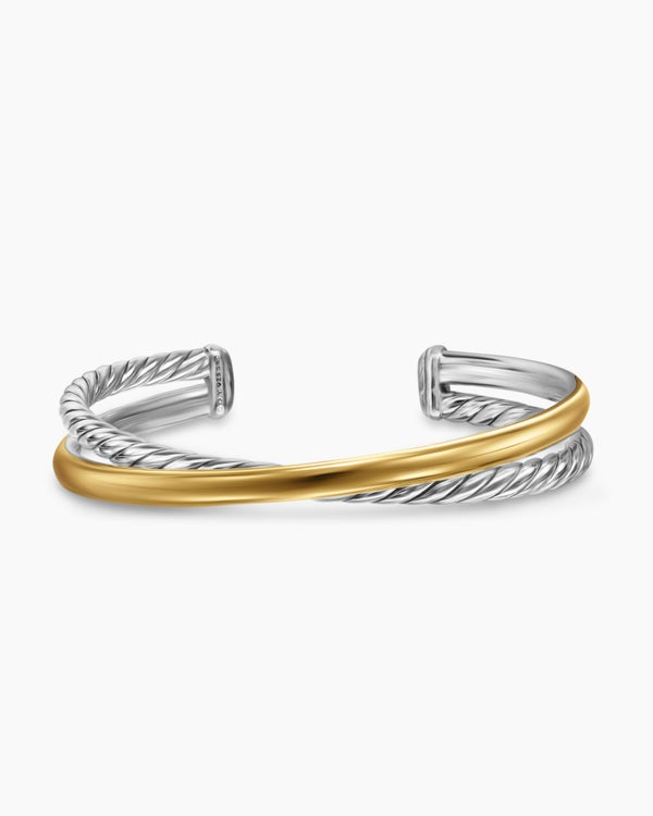 Crossover Two Row Cuff Bracelet in Sterling Silver with 14K Yellow Gold, 10.7mm