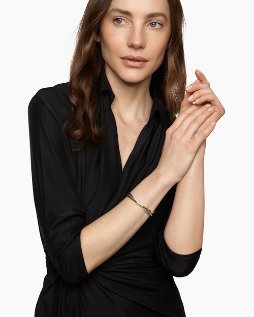 Womens Crossover Two Row Cuff Bracelet in Sterling Silver with 14K Yellow Gold, 10.7mm