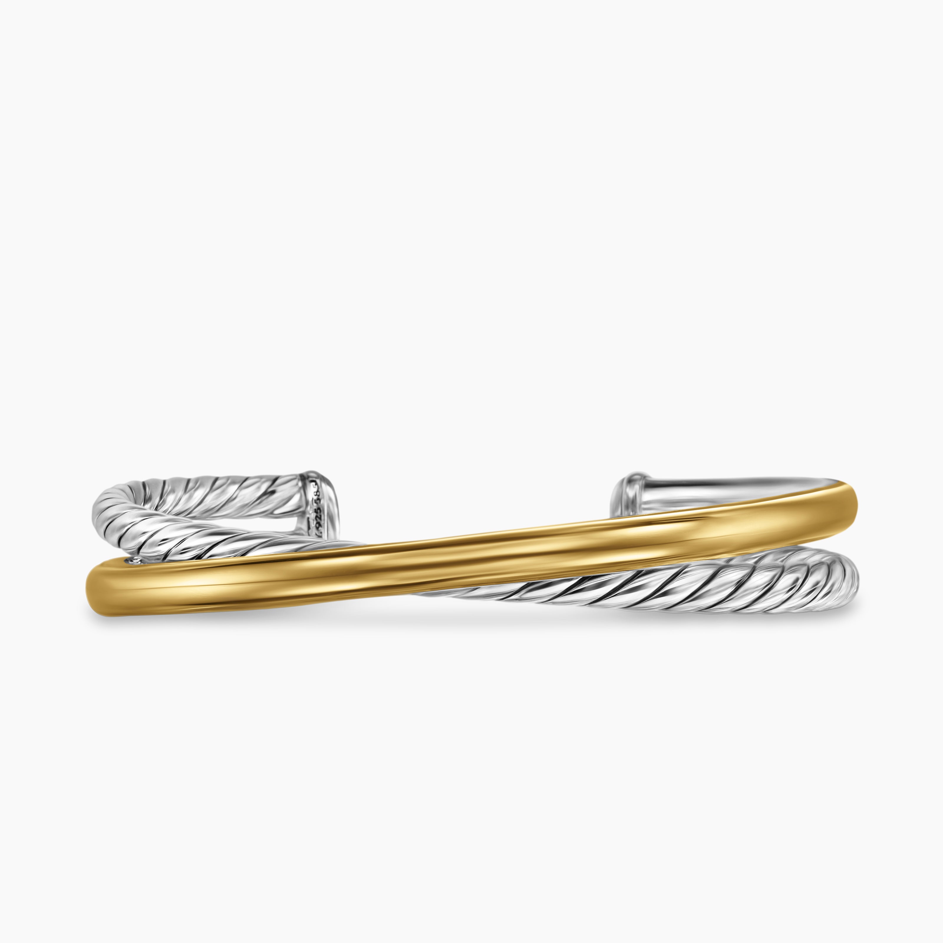 Womens Crossover Two Row Cuff Bracelet in Sterling Silver with 14K Yellow Gold, 10.7mm