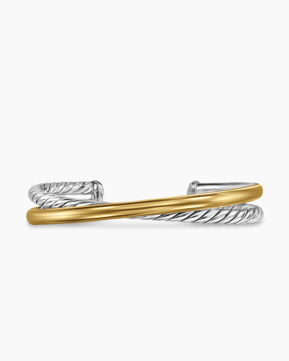 Womens Crossover Two Row Cuff Bracelet in Sterling Silver with 14K Yellow Gold, 10.7mm