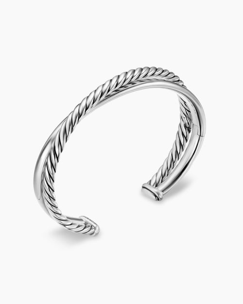 Womens Crossover Two Row Cuff Bracelet in Sterling Silver, 10.7mm