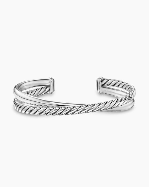 Womens Crossover Two Row Cuff Bracelet in Sterling Silver, 10.7mm