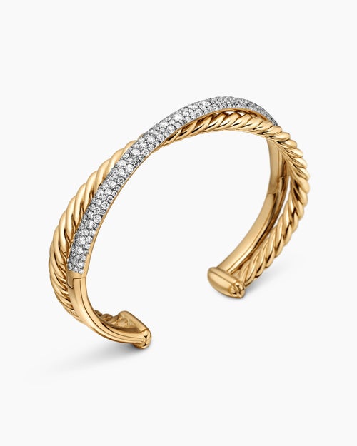 Womens Pavé Crossover Two Row Cuff Bracelet in 18K Yellow Gold, 10.7mm