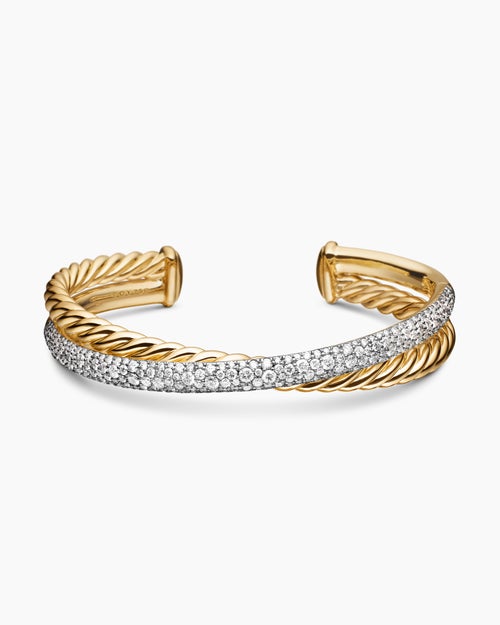 Womens Pavé Crossover Two Row Cuff Bracelet in 18K Yellow Gold with Diamonds, 10.7mm
