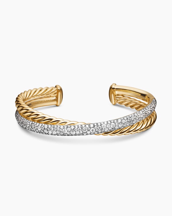 Pavé Crossover Two Row Cuff Bracelet in 18K Yellow Gold, 10.7mm