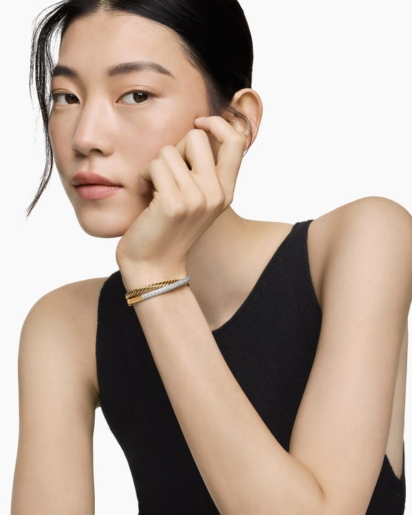 Pavé Crossover Two Row Cuff Bracelet in 18K Yellow Gold, 10.7mm