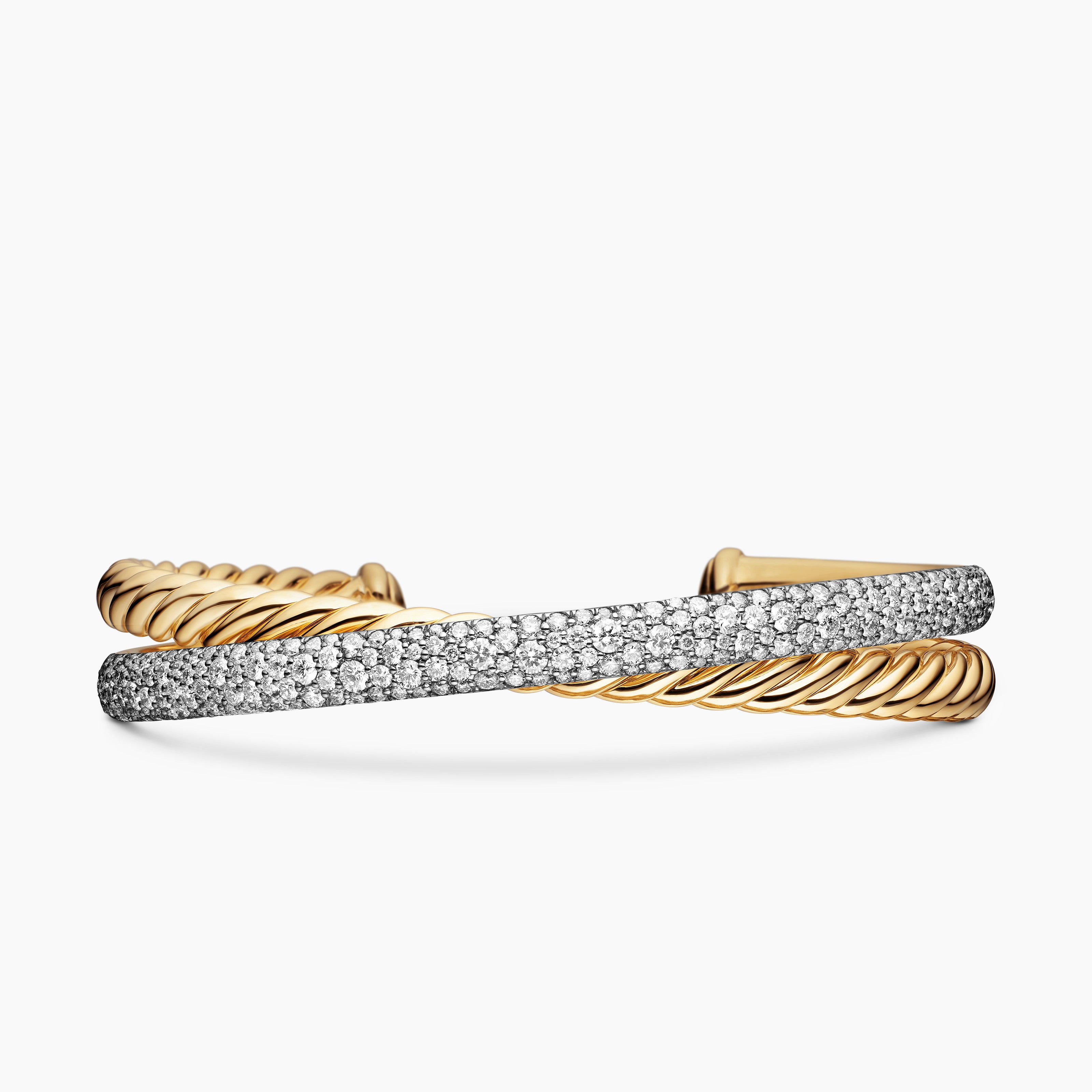 Womens Pav&eacute; Crossover Two Row Cuff Bracelet in 18K Yellow Gold, 10.7mm