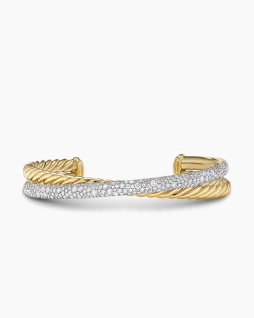 Pavé Crossover Two Row Cuff Bracelet in 18K Yellow Gold with Diamonds, 10.5mm
