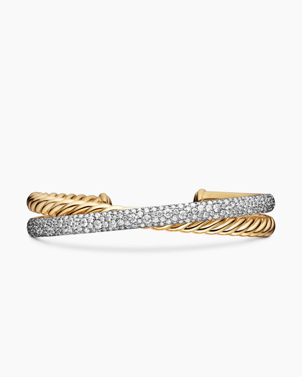 Pavé Crossover Two Row Cuff Bracelet in 18K Yellow Gold, 10.7mm