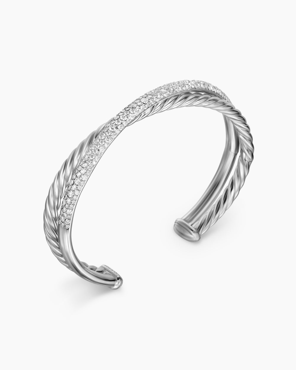 Womens Pavé Crossover Two Row Cuff Bracelet in Sterling Silver with Diamonds, 10.7mm