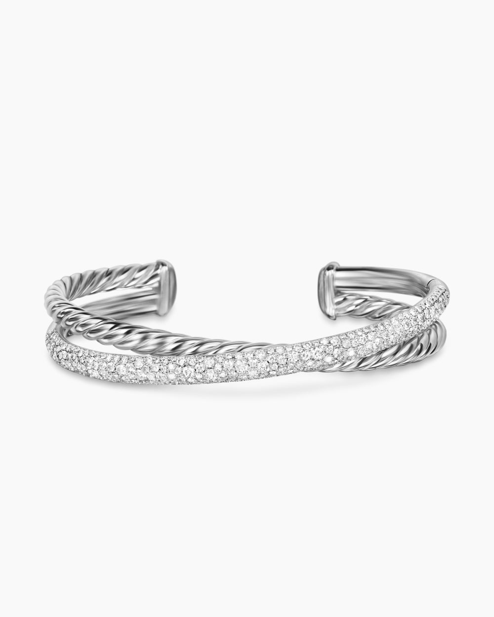 Womens Pavé Crossover Two Row Cuff Bracelet in Sterling Silver with Diamonds, 10.7mm