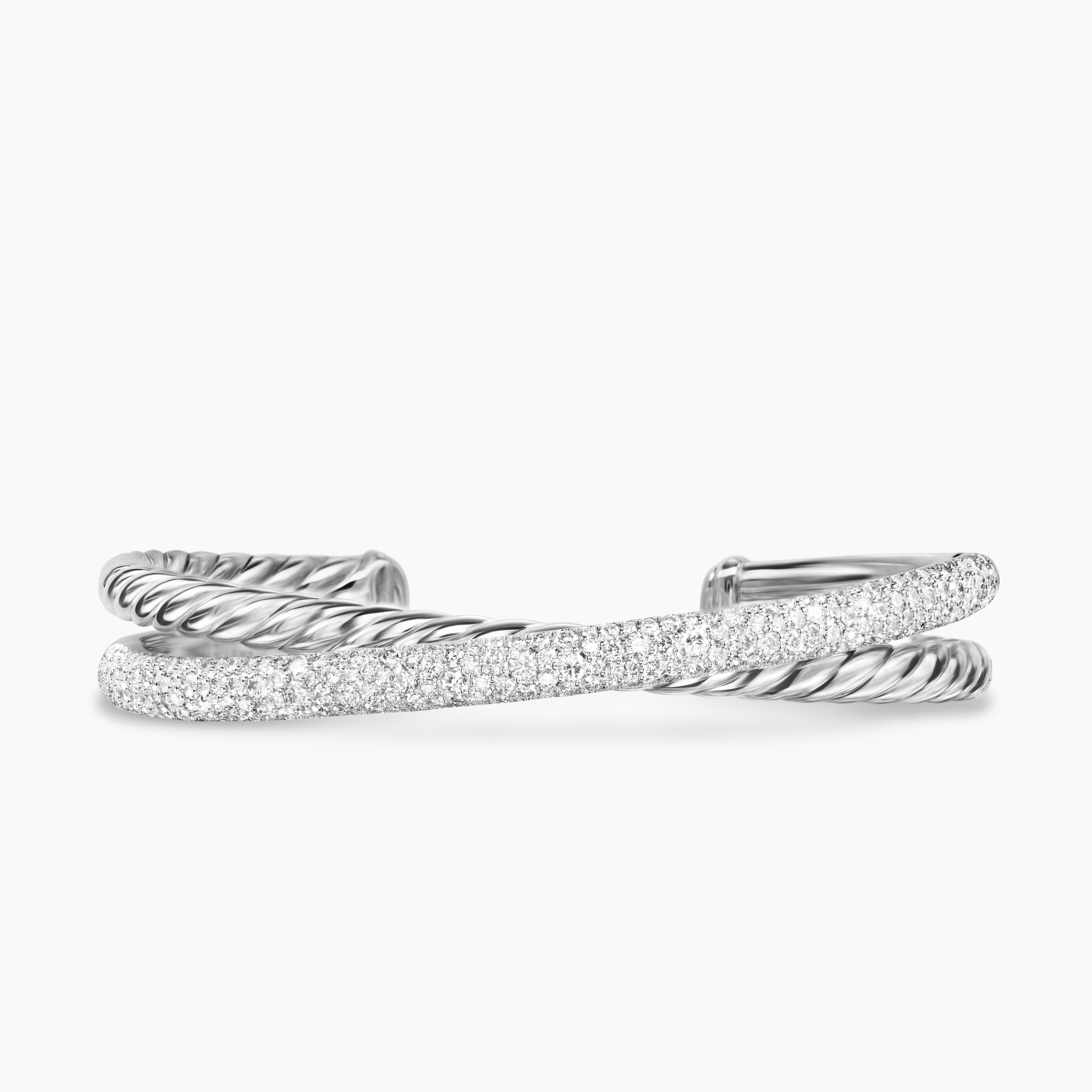Womens Pav&eacute; Crossover Two Row Cuff Bracelet in Sterling Silver with Diamonds, 10.7mm