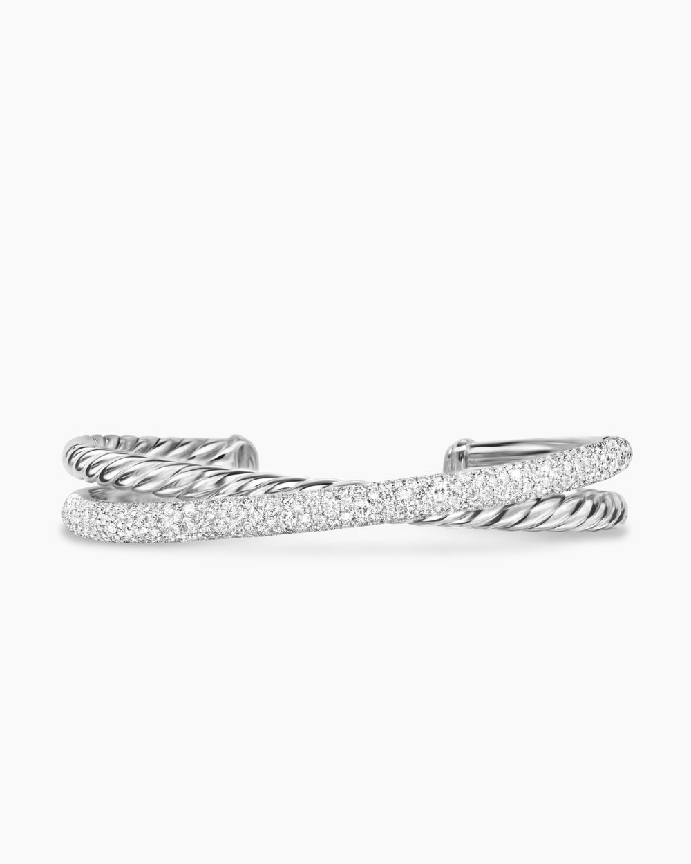 Womens Pavé Crossover Two Row Cuff Bracelet in Sterling Silver with Diamonds, 10.7mm