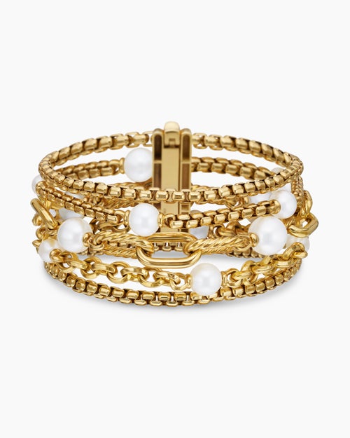 Womens DY Madison® Pearl Multi Row Chain Bracelet in 18K Yellow Gold with Pearls, 25.7mm