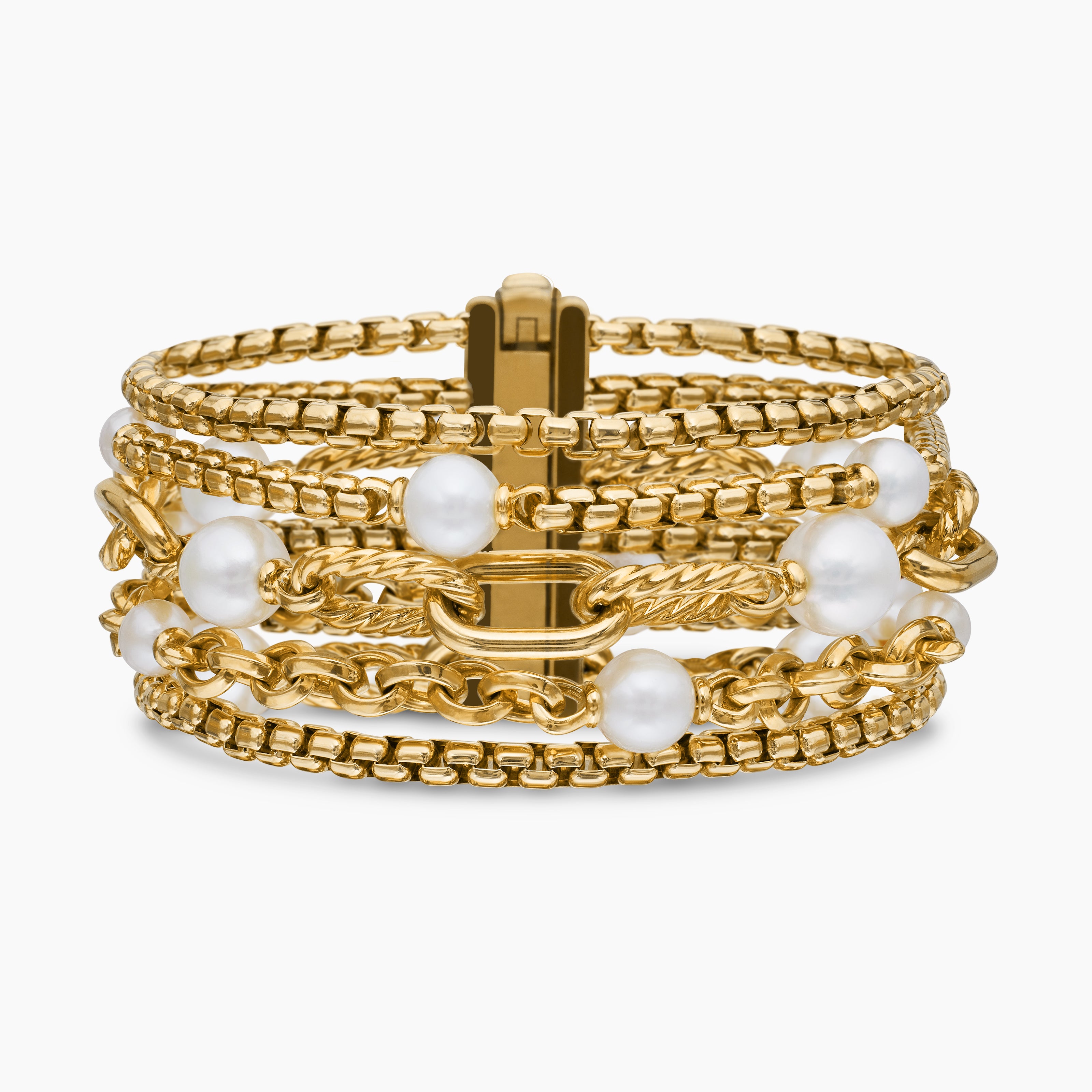 Womens DY Madison&reg; Pearl Multi Row Chain Bracelet in 18K Yellow Gold with Pearls, 25.7mm