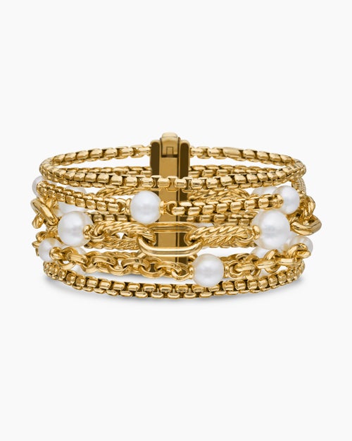 Womens DY Madison® Pearl Multi Row Chain Bracelet in 18K Yellow Gold with Pearls, 25.7mm