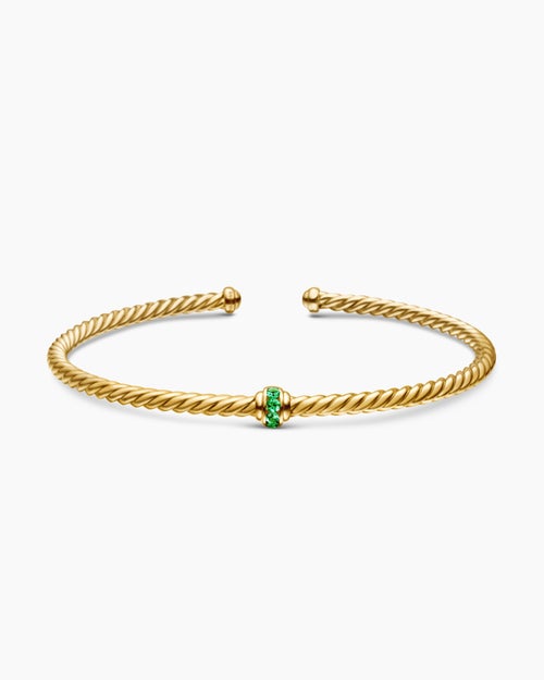 Womens Classic Cablespira® Station Bracelet in 18K Yellow Gold with Pavé Emeralds, 3mm