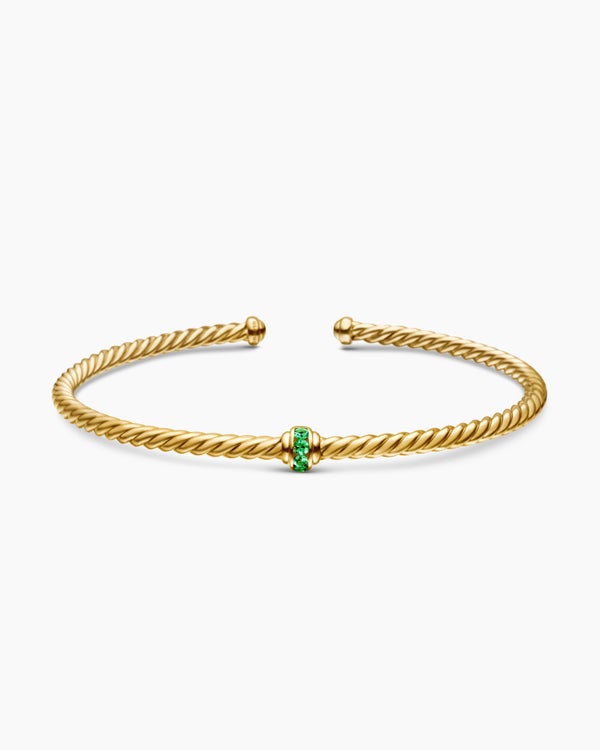 Classic Cablespira® Station Bracelet in 18K Yellow Gold with Pavé Emeralds, 3mm