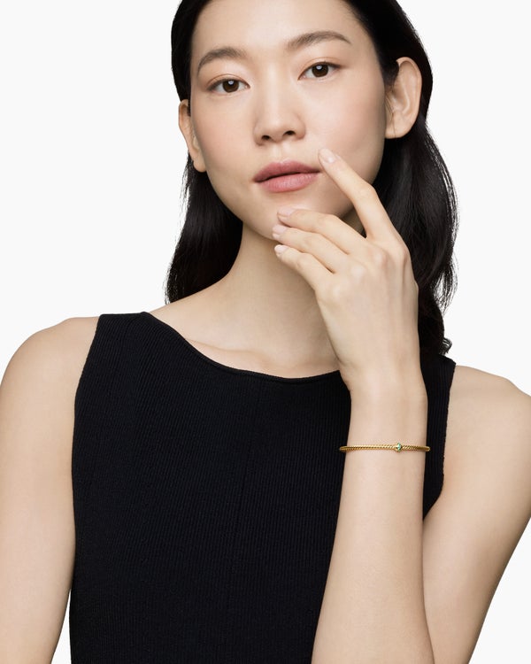 Classic Cablespira® Station Bracelet in 18K Yellow Gold with Pavé Emeralds, 3mm