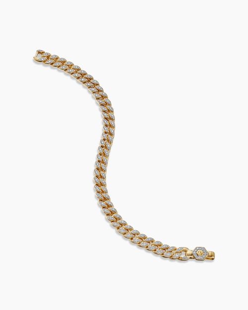 Womens Curb Chain Bracelet in 18K Yellow Gold with Diamonds, 7mm