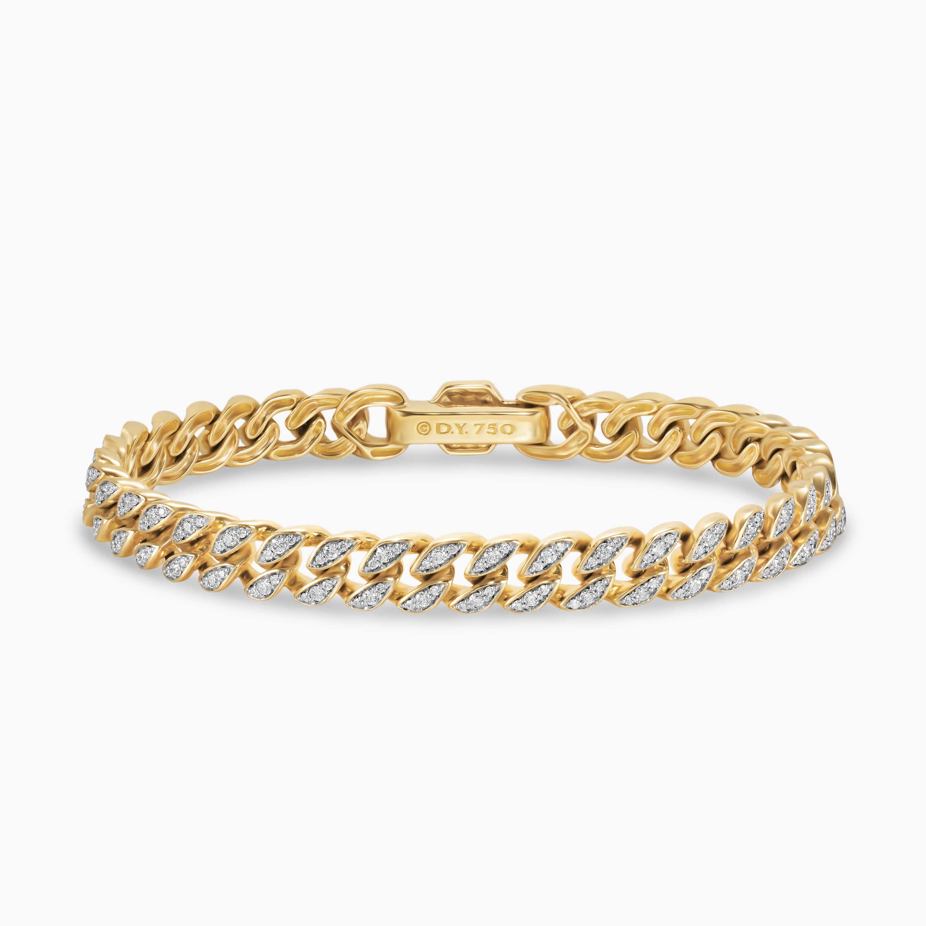 Womens Curb Chain Bracelet in 18K Yellow Gold with Diamonds, 7mm