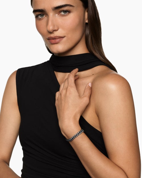 Womens Curb Chain Bracelet in Black Titanium with Diamonds, 7mm