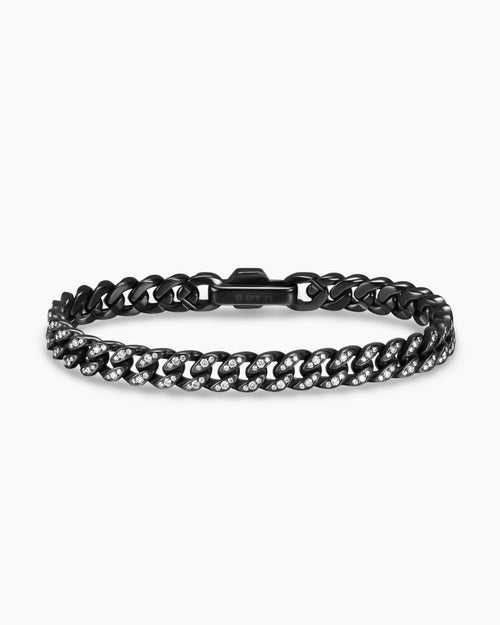 Womens Curb Chain Bracelet in Black Titanium with Diamonds, 7mm