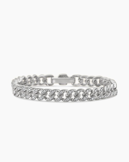 Womens Curb Chain Bracelet in Sterling Silver with Diamonds, 7mm