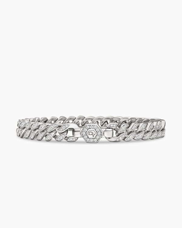 Curb Chain Bracelet in Sterling Silver with Diamonds, 7mm