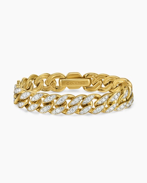 Womens Curb Chain Bracelet in 18K Yellow Gold with Diamonds, 11.5mm