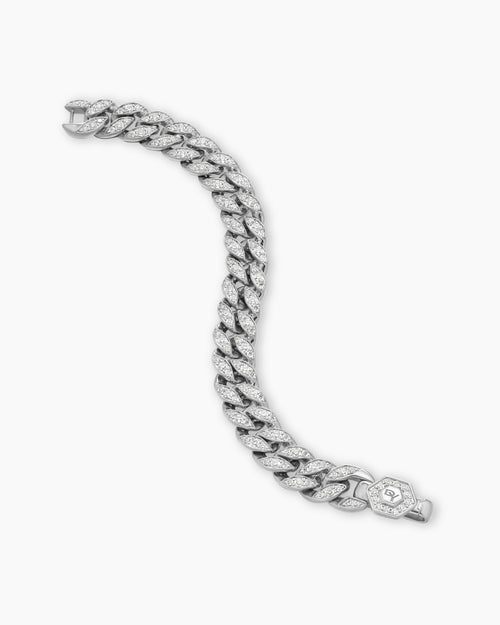 Womens Curb Chain Bracelet in Sterling Silver with Diamonds, 11.5mm