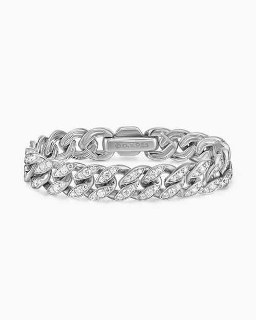Womens Curb Chain Bracelet in Sterling Silver with Diamonds, 11.5mm
