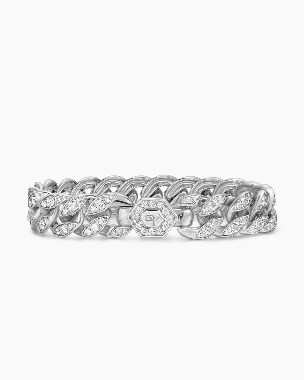 Womens Curb Chain Bracelet in Sterling Silver with Diamonds, 11.5mm
