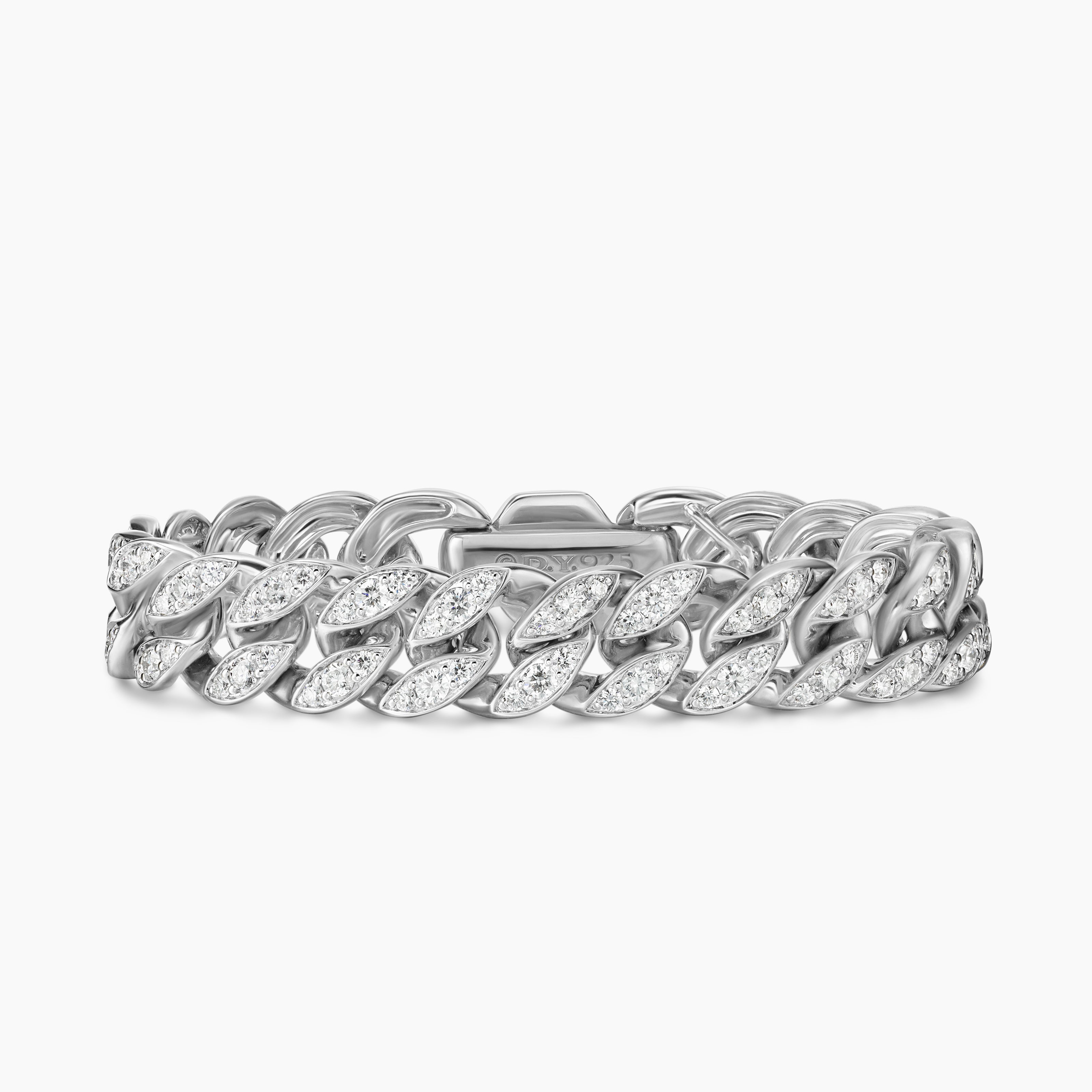 Womens Curb Chain Bracelet in Sterling Silver with Diamonds, 11.5mm