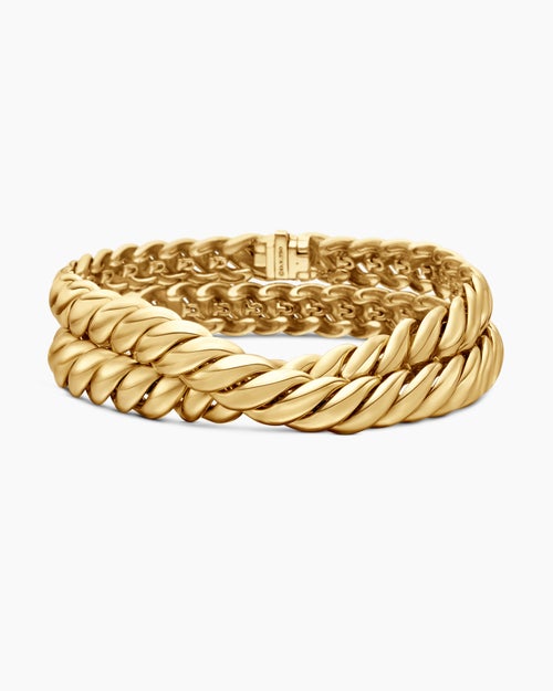Womens Sculpted Cable Double Wrap Bracelet in 18K Yellow Gold, 8.5mm