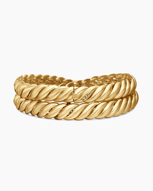 Womens Sculpted Cable Double Wrap Bracelet in 18K Yellow Gold, 8.5mm