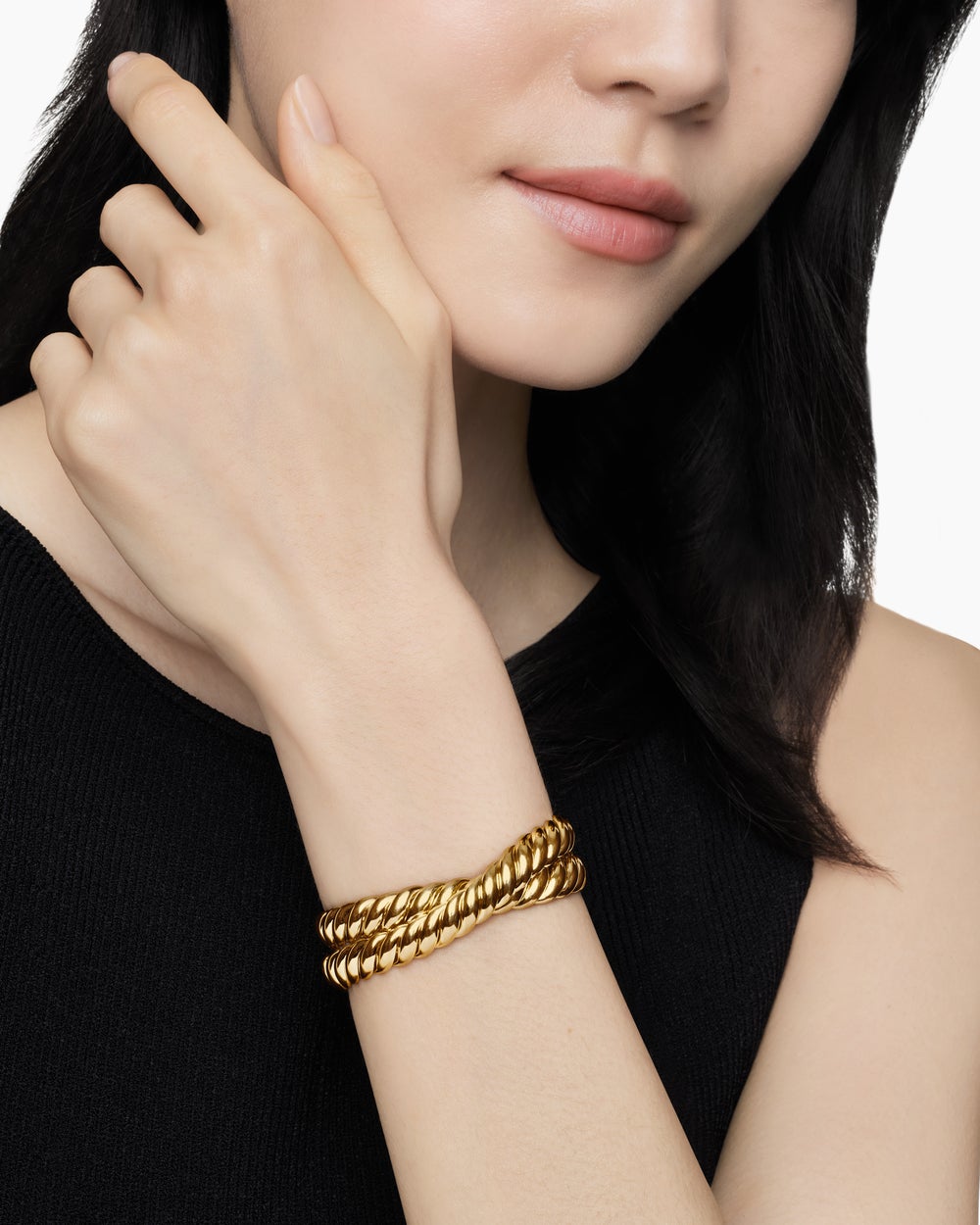 Womens Sculpted Cable Double Wrap Bracelet in 18ct Yellow Gold, 8.5mm
