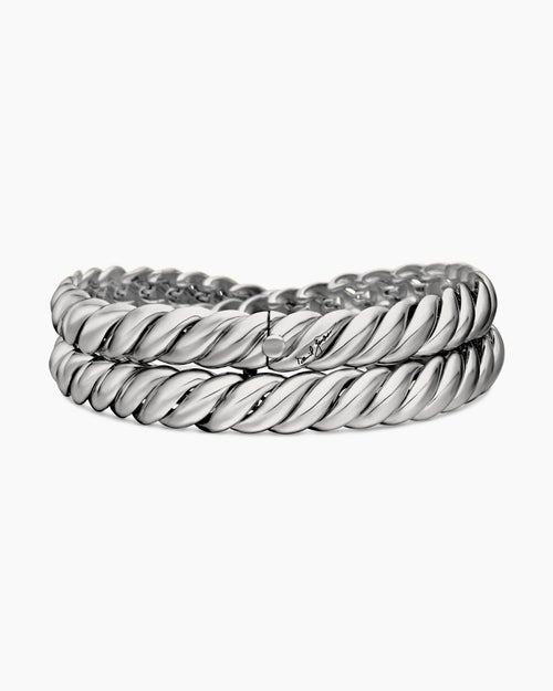 Womens Sculpted Cable Double Wrap Bracelet in Sterling Silver, 8.5mm