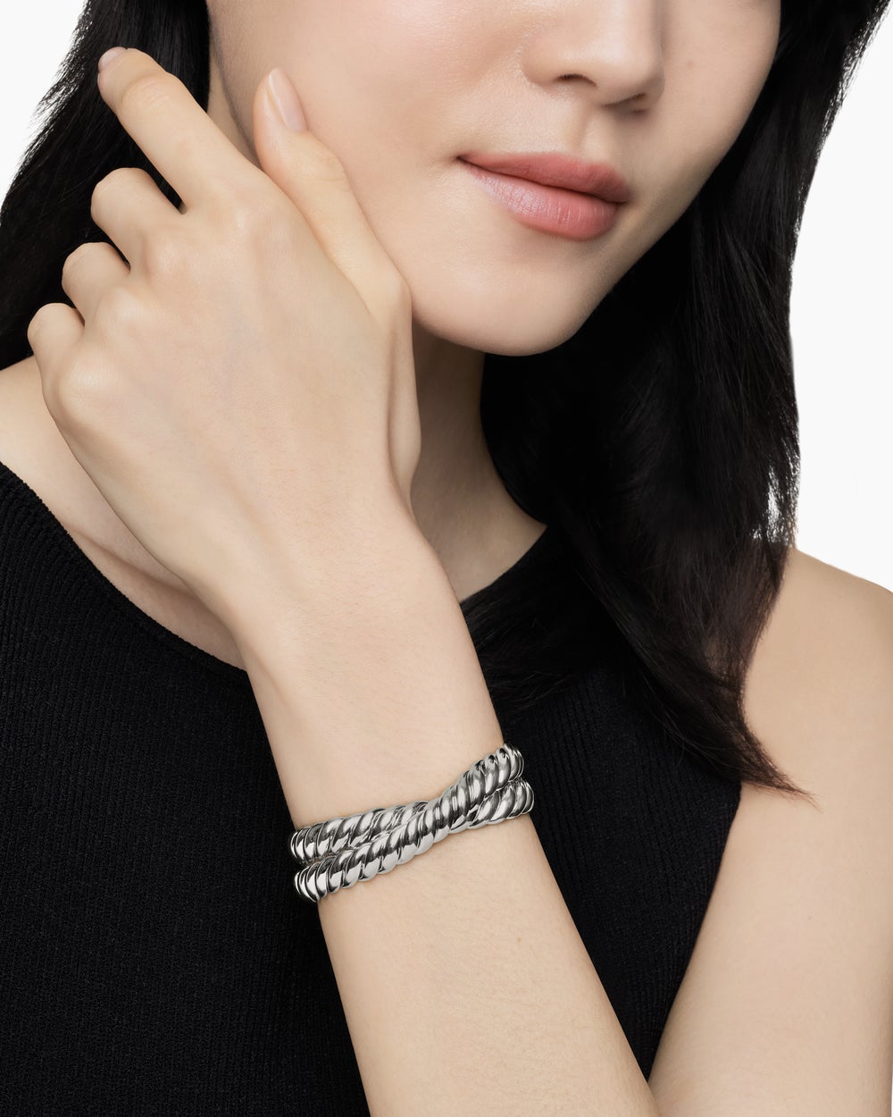 Womens Sculpted Cable Double Wrap Bracelet in Sterling Silver, 8.5mm
