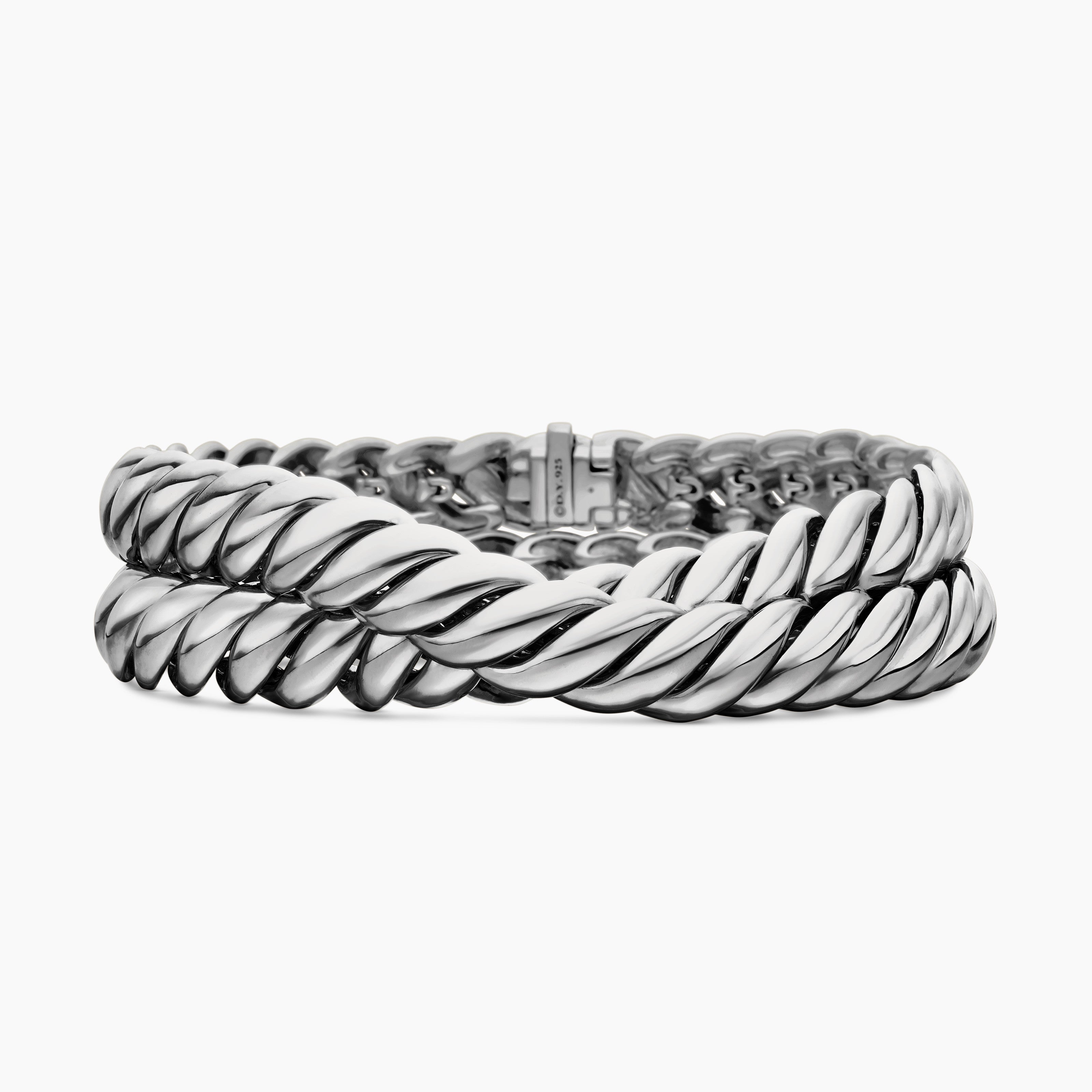Womens Sculpted Cable Double Wrap Bracelet in Sterling Silver, 8.5mm