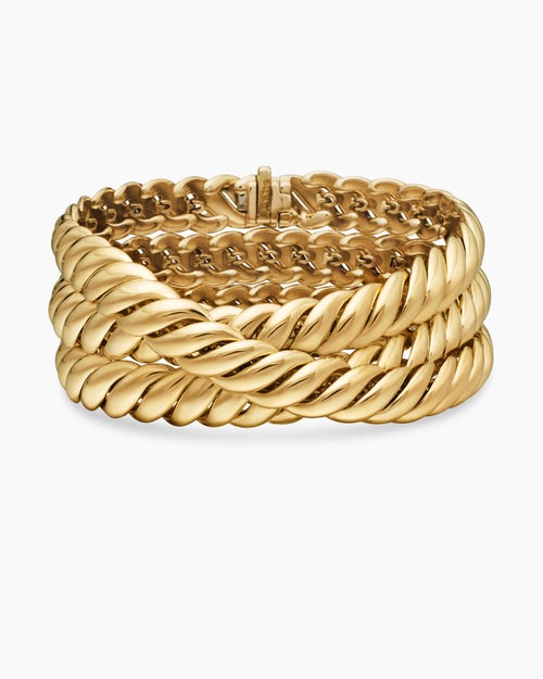 Womens Sculpted Cable Triple Wrap Bracelet in 18K Yellow Gold, 8.5mm