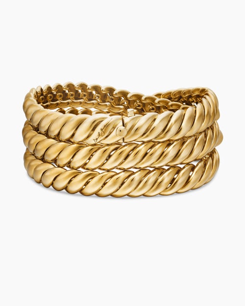 Womens Sculpted Cable Triple Wrap Bracelet in 18K Yellow Gold, 8.5mm