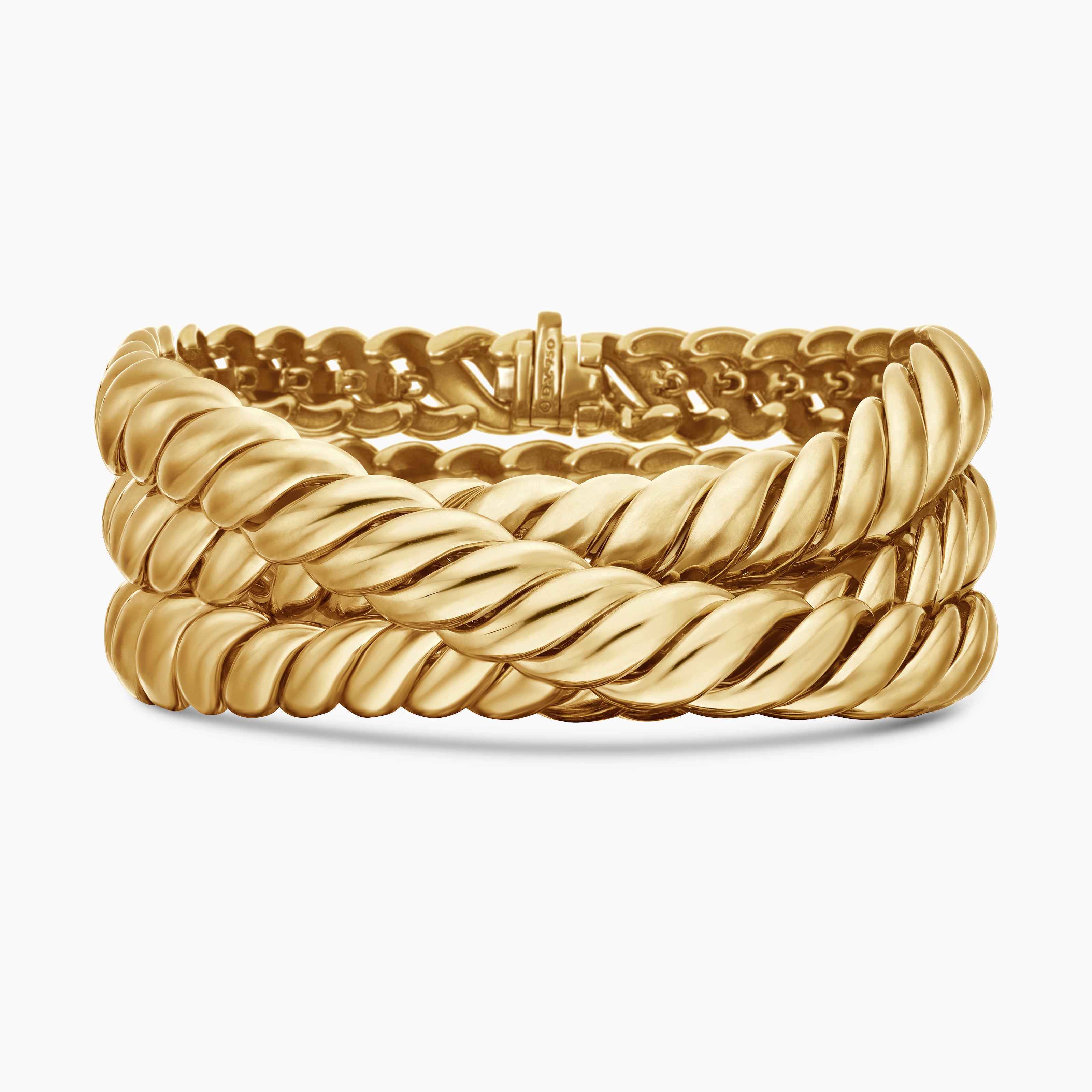 Womens Sculpted Cable Triple Wrap Bracelet in 18K Yellow Gold, 8.5mm
