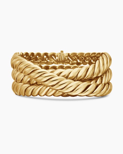 Womens Sculpted Cable Triple Wrap Bracelet in 18K Yellow Gold, 8.5mm
