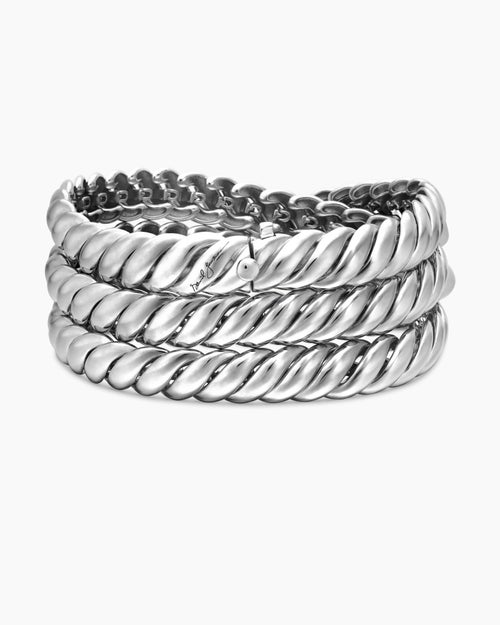 Womens Sculpted Cable Triple Wrap Bracelet in Sterling Silver, 8.5mm
