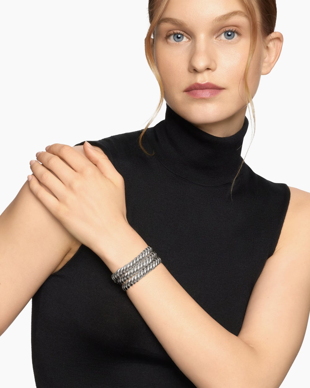 Womens Sculpted Cable Triple Wrap Bracelet in Sterling Silver, 8.5mm