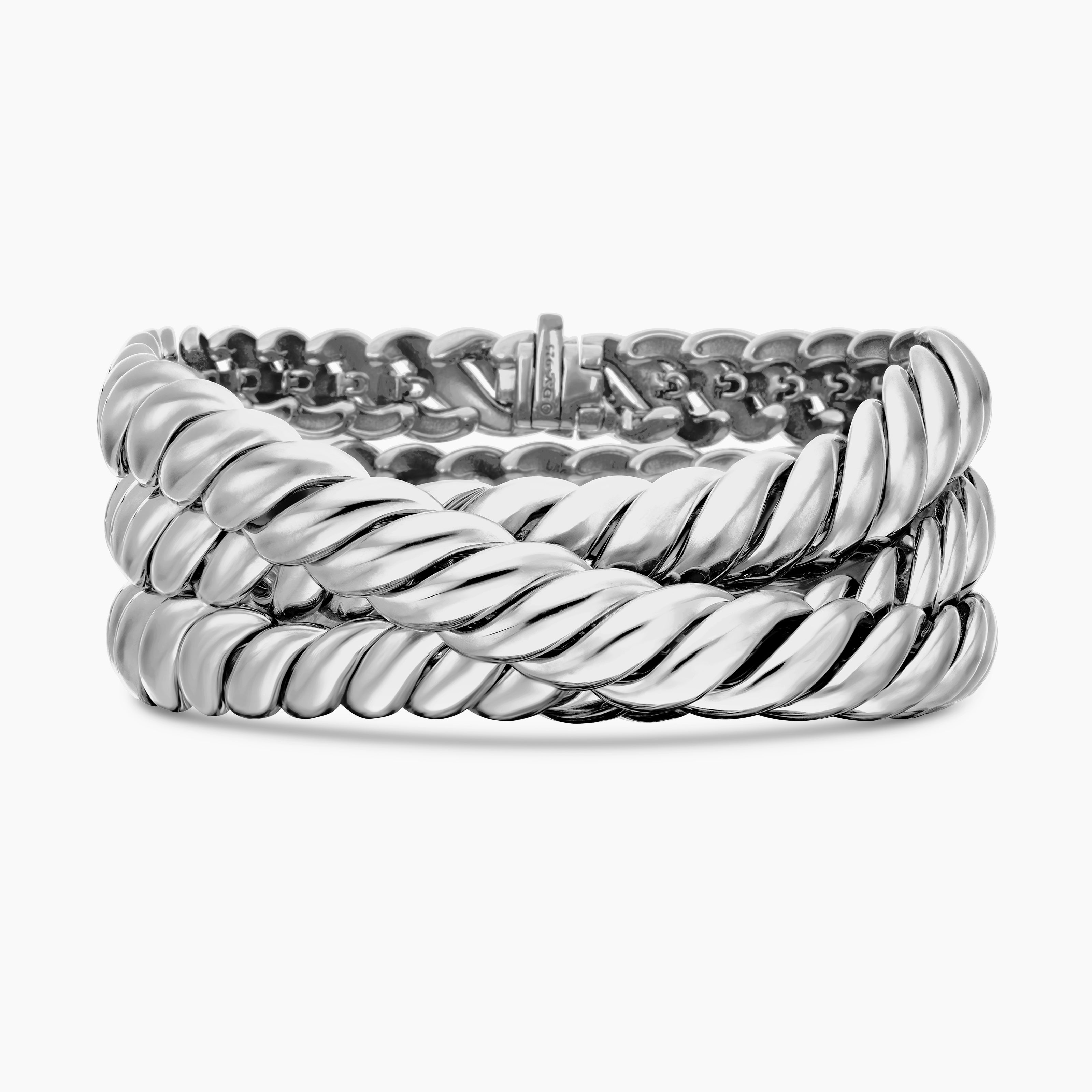 Womens Sculpted Cable Triple Wrap Bracelet in Sterling Silver, 8.5mm