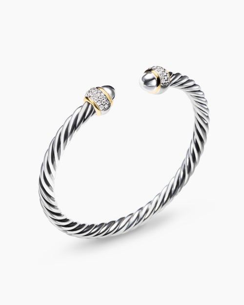 Womens Cable Bracelet in Sterling Silver with 18K Yellow Gold and Diamonds, 5mm