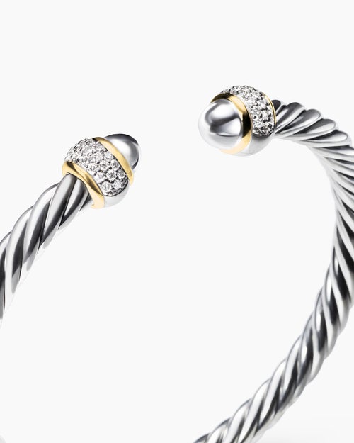 Womens Cable Bracelet in Sterling Silver with 18K Yellow Gold and Diamonds, 5mm