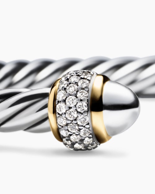 Womens Cable Bracelet in Sterling Silver with 18K Yellow Gold and Diamonds, 5mm